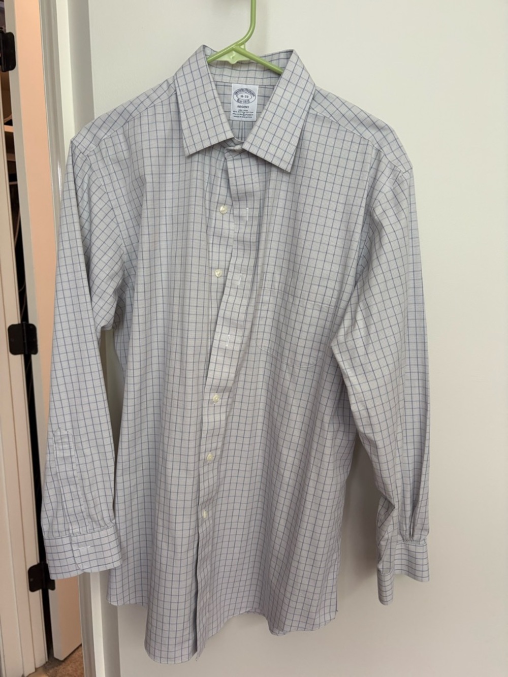 Brooks Brothers White Dress Shirt with Blue Windowpane